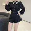 Women's Tracksuits High-End Spring Suit Women Jacquard Beading Lapel Shirt+Diamonds High Waist Design Shorts Female Vintage Two Piece Set