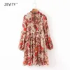 Kobiety Elegancki Tropikalny Druk Kwiat Drukowanie Hem Ruffles Casual Mini Dress Lady Z Długim Rękawem Szyfonowe Vestidos Chic Dresses DS3296 210603