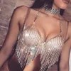 Sexy Hollow Rhinestone Fringed Body Bra Bikini Klub Klub Błyszczący Kryształ Mesh Party Clubwear Łańcuch Klatki Klatki Klatkowej Biżuteria