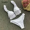 Triângulo branco mulheres biquini conjunto de verão string ruffled dois pedaços conjuntos sólidos swimsuit plissado push up feminino playsuits 210414