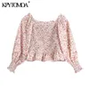 Vrouwen Zoete Mode Bloemen Print Smocked Bebouwde Blouses Elastische Neck Ruffled Vrouwelijke Shirts Chique Tops 210420