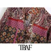 Traf Women Fashion Paisley Print Ruffles Bluzki Vintage wiązane v szyja Długie rękawe żeńskie koszule Blusas Chic Tops 210415