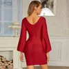 Winter Lange Lantaarn Mouw Wijnrood Party Bodycon Bandage Jurk Sexy V-hals Dames Celebrity Runway Club Mini Jurken 210423