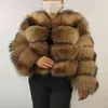 Beiziru Real Raccoon Argent Manteau de fourrure Plus Taille Vêtements Naturel Winter Femmes Cou rond Cou Tour épais Style 210816