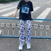 Houzhou Cow Print Широкие брюки для ног Невазительный Корейский стиль Harajuku Брюки Женская летняя улица Эстетическая высокая талия 210915