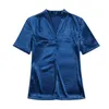 Tecido 100% de cetim de seda 100% puro da mulher blusa v pescoço de manga curta cores sólidas 210507