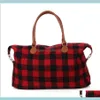 Housekeeping Organization Home Garden Check Handbag Red Black Plaid Large Capacity Travel Tote With Pu Handle Sports Yoga Totes Storag