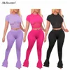 Mesh Black Sexy Two Piece Set Women Transparent Hollow Crop Top och Long Flare Byxor Trendiga Kvinna Outfits 2pcs Party Clubwear x0709