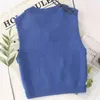 Argyle malha camisola colete azul casual sem mangas streetstyle colhido Pullovers outono inverno v neck tops 210427