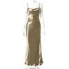 セクシーなスパゲッティストラップバックレス夏のドレス女性サテンレースアップフリムマキシドレスエレガントなボディコンプロムパーティーローブ卸売210517