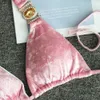 كريستال بيكيني مجموعة ضمادة المخملية الوردي ملابس السباحة المايوه النساء مثير ثونغ الذهب ستون شاطئ ارتداء 210629