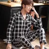 Lente herfst pyjama sets pak gebreide katoen casual lange mouw nachtkleding plaid thuis dragen plus size comfortabele pyjama voor mannen 211019