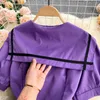 DEAT Women Purple Bow Dress Peter Pan Collar Puff Sleeve Arrivals Lady Temperament Fashion Spring Summer 11D580 210709