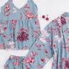 Kvinnors Sleepwear 3 Pieces Satin Silk Pyjamas Set Kvinnor Nattdress Underkläder Underkläder Sexig Blommig Utskrift Sömn