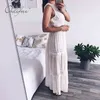 Summer Women Long Chiffon Sleeveless Sexy Backless White Lace Crochet Maxi Beach Dress 210415