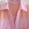 Women Vintage Striped Patchwork Print Breasted Shirt Femme Color Match Casual Loose Blouse Chic Summer Pocket Tops LS9150 210416