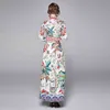 Autumn Floral Printed Fashion Long Maxi Women Dress High Waist Three Quarter Sleeve Turn-down Collar Party Vintage Dresses 210513