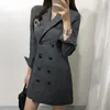 Koreanischen Stil Frauen Vintage Zweireiher Anzug Kragen Langarm Dunkelgrau S-XL Schlank Solide für Weibliche Baumwolle Ankunft 210416