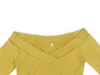 Sexy fora do ombro v-pescoço fino Bodysuit escritório senhora jumpsuits manga longa corpo magro mujer elegante malha macacão das mulheres amarelas 210507