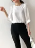 女性のブラウスシャツShuchanfwhite Satin Lanternスリーブシルクトップの女性オフィスの女性Blusa Feminina Blouse Rome o-neck 3四半期のThi