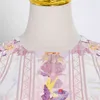 Vintage print lente jurk voor vrouwen o hals mouwloze hoge taille hit kleur ruches midi jurken vrouwelijke mode 210520