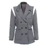 Herfst kwastje uit schouder dubbelbreasted pak met mouw grijs paneel lange jas vrouwen blazers en jassen 210615