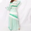 Vrouw lange jurk sjerpen groen gestreepte lantaarn mouw vestidos boho split maxi vrouwelijke herfst winter 210603