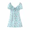 Women Europe And America Style Little Sexy Mint Green Neckline Elastic Lacing Female Skinny Puff Sleeve Mini Dress 210531