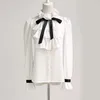 White Ruffles Bow Stand Neck Long Sleeve Shirt Chiffon Blouse Work Wear Office Blusas Femininas Women Tops 570A 210420