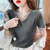 Koreanische Kleidung Frauen Kurzarm Hemden Sommer Unterseite Hemd V-Ausschnitt Mode Baumwolle Bluse Lose Weißes Hemd Mesh Top 13592 210527