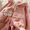 Polar Fleece Hoodie Casual Broderi Kläder för Tonåringar Sweatshirts Vintage Rosa Toppar Retro Vinter Kvinnor Hoodie 220311