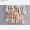 Women Elegant Flower Print Pleat Ruffles Mini Dress Female Chic Three Quarter Sleeve Casual Straight Vestidos DS8251 210420