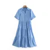 Summer Women Tiered Brush Split Blue Midi Camicia Dress Femmina Manica Corta Abiti Casual Lady Syny Sinces Vestido D7661 210430