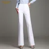 Femmes OL Minceur Bureau Pantalon Évasé Taille Haute Plus La Taille Pure Couleur Coton Extensible Droite Casual Blanc Noir Pantalon S 4XL 211115