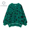Maglione lavorato a maglia vintage donna leopardo verde primavera manica lunga pullover maglieria oversize streetwear top donna 210515