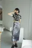 Cheerart Vintage Hollow Out High Taille POUNTERKROOK Zomerprintlaag Mesh Lang Midi Rok Gray Bodycon Ladies Rok 210331