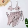 Sexy drei Stücke Bikini Set V-Bar Underwire Push Up Swimwear Frauen Badeanzug Weibchen mit Sarong Bather Bathing Anzüge 210521