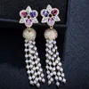 Multi Color CZ Stone Handmade Simulated Pearl Long Drop Tassel Earrings for Women Vintage Ethnic Jewelry CZ267 210714