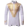 Luxury Metallic Gold Print African Man Clothing Agbada Kaftan Attire White Wedding Mens Dress Shirts Nehru Collar Dashiki Shirt Me275F