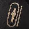 Men Necklace Iced Out Miami Cuban Chain Hip Hop Jewelry Rose Gold Silver Diamond Watch Necklaces Bracelet Set254r