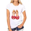 Damen-T-Shirt, bedruckte T-Shirts für Mädchen, O-Ausschnitt, weiche Kurzarm-T-Shirts, lässige weiße Tops, Damen-Rosa-High-Heels-Schuhe