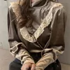 Lace Ruffle Patchwork Women Velour Blouse Korean Long Sleeve Turtleneck Shirt Autumn Winter Basic Blusa Mujer 12494 210508