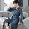 Masculino sleepwear primavera outono de malha algodão bathrobe homens dormir lounge kimono banho vestes masculino vestido marinho azul marinho moda