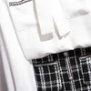 Women 2 Piece Set Spring white Chiffon Bowknot shirt Tops + Black plaid tweed mermaid Skirt 210506