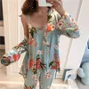 3PCS Women Pajamas Set Lady Emulation Silk Pyjama Sets Flower Sleepwear Female Leopard Satin Homewear With Removable Padded 211112