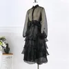 Black Dresses Plus Size Ruffles Long Sleeve See Through Sexy Ball Gown Evening Party Occasion Event Robe Drop 210527