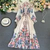 Neploe Single Breasted Split Dress Autumn Chic Sashes Flower Print Dresses Women 2021 Turn-down Collar Slim Waist Vestidos Y0823
