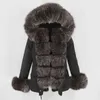OFTBUY imperméable court Parka veste d'hiver femmes manteau de fourrure véritable col naturel capuche chaud Streetwear détachable 211220
