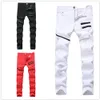 Masculino plus size calça calça jeans homem rasgado buraco desenhador de sarja de denim com contraste cor moda casual zipper macho calças slim preto branco vermelho três cores