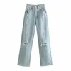 Za Femmes Bleu clair Jeans déchirés droits lavés Full Longueur haute taille à jambes larges pantalons denim pantalons de poche 210629